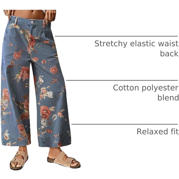 loveimgs Women Mid Rise Cropped Wide Leg Jeans Baggy Floral Ankle Pants Denim - Picture 2 of 3